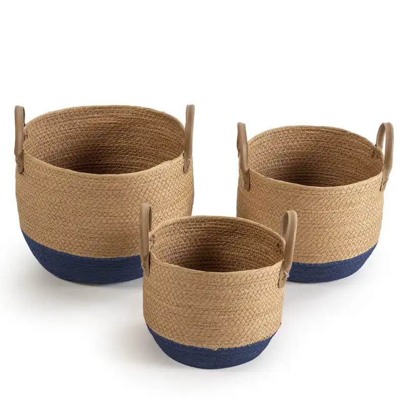 Set de 3 cestas Tecla de fibra natural con asas, azul/natural - Decoración
