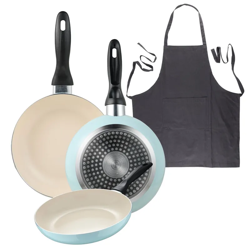 Set de 3 sartenes San Ignacio Ø16Ø20Ø24cm en aluminio prensado Azul celeste+Delantal de Cocina Gris oscuro 100% Algodón 75x80cm