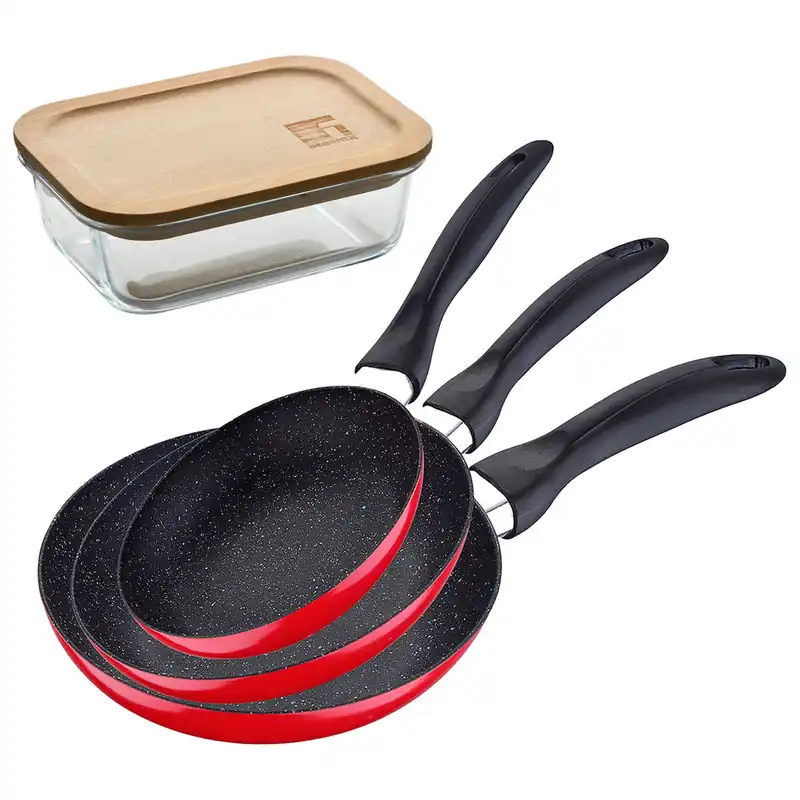 Set de 3 sartenes San Ignacio con revestimiento en mármol Ø16 cm Ø20 cm Ø24 cm+Hermético de 650ml en vidrio de borosilicato - Cocina
