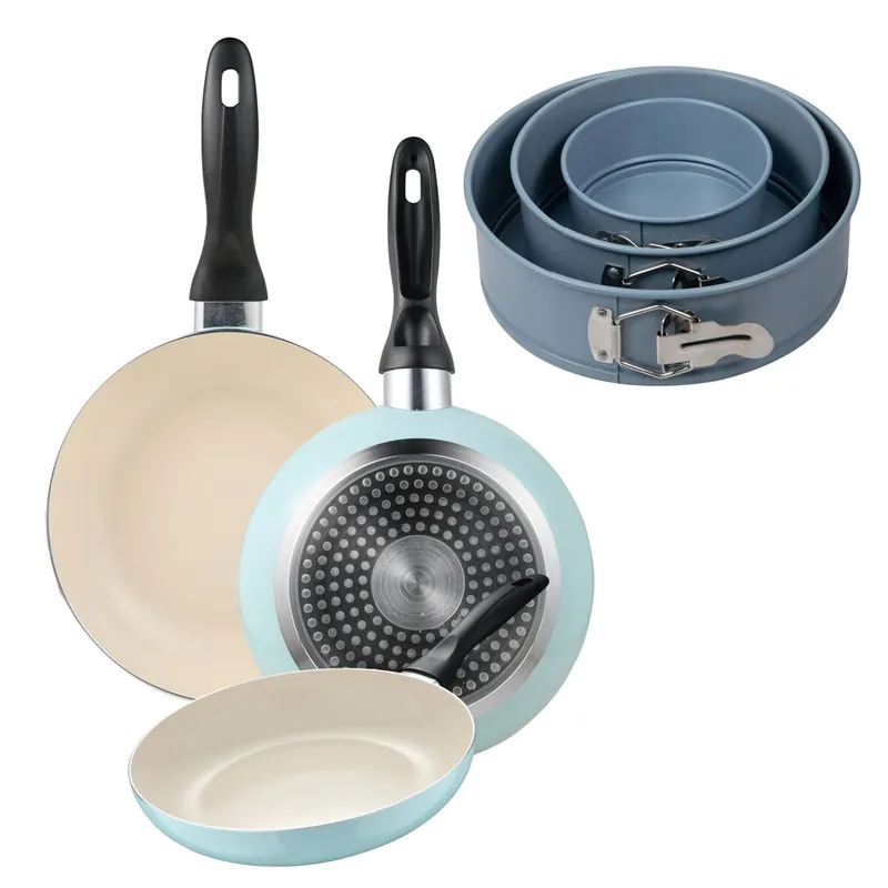 Set de 3 sartenes San Ignacio Ø16Ø20Ø24cm en aluminio prensado Azul celeste+Juego de 3 moldes de horno redondos Ø12Ø18Ø22cm - Cocina