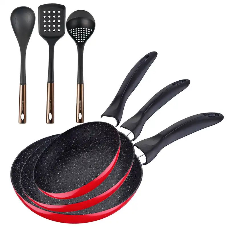 Set de 3 sartenes San Ignacio con revestimiento en mármol Ø16 cm Ø20 cm Ø24 cm+ Set de 3 Utensilios de cocina de PBT negro y cobre