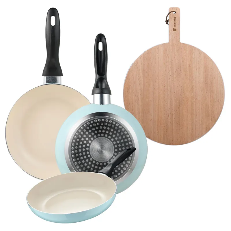 Set de 3 sartenes San Ignacio Ø16Ø20Ø24cm en aluminio prensado Azul celeste+Tabla de corte Redonda de 38x28x1,5cm en madera de haya - Cocina