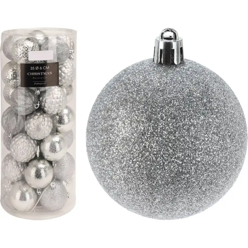Well Home Set de 35 Bolas de Navidad de 6cm con 5 Diseños diferentes en Relieve color Plata - Decoración