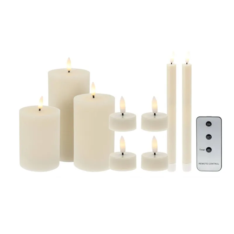 Set de 9 Velas LED - Velas de Pilar, Velas de Cena y Candelitas con superficies Rústicas y Lisas con Control remoto