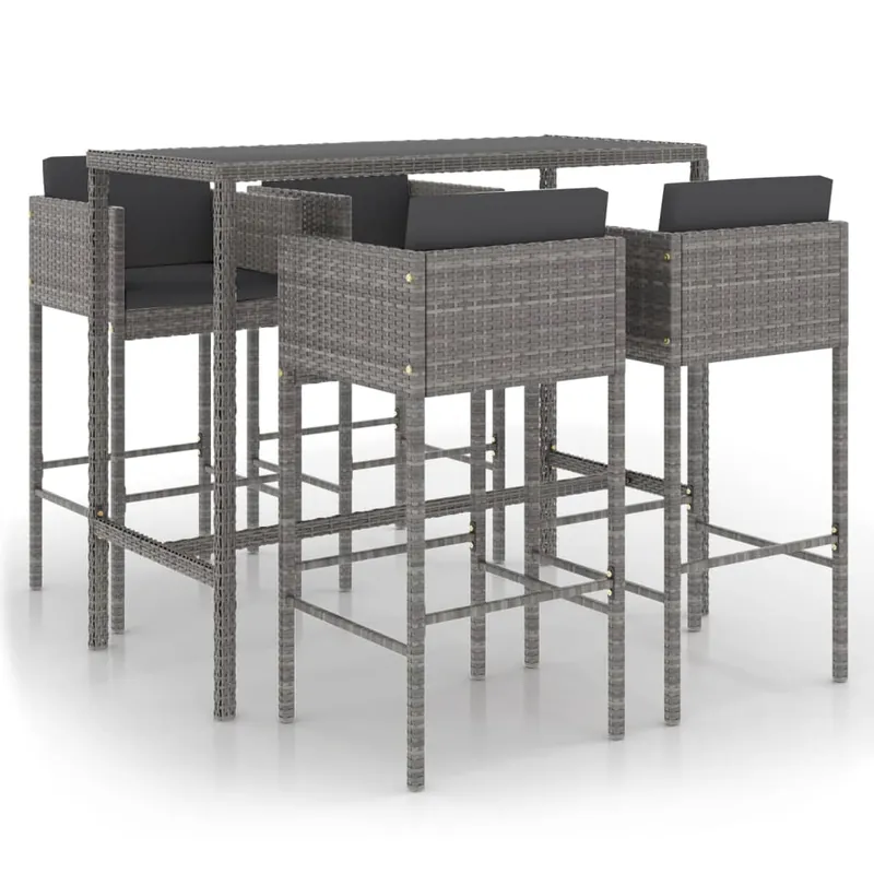 Set muebles de bar jardín 5 pzas y cojines ratán sintético gris