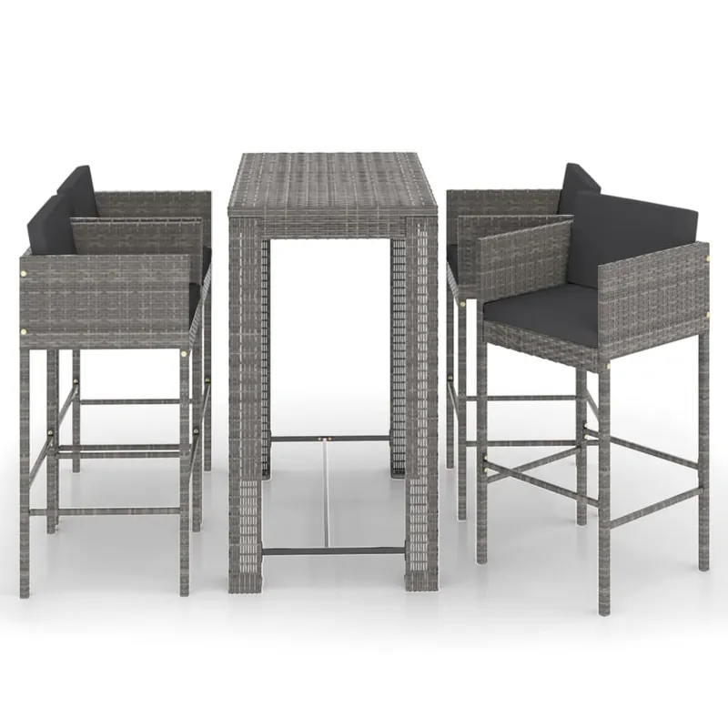 Set muebles bar jardín 5 piezas y cojines ratán sintético negro