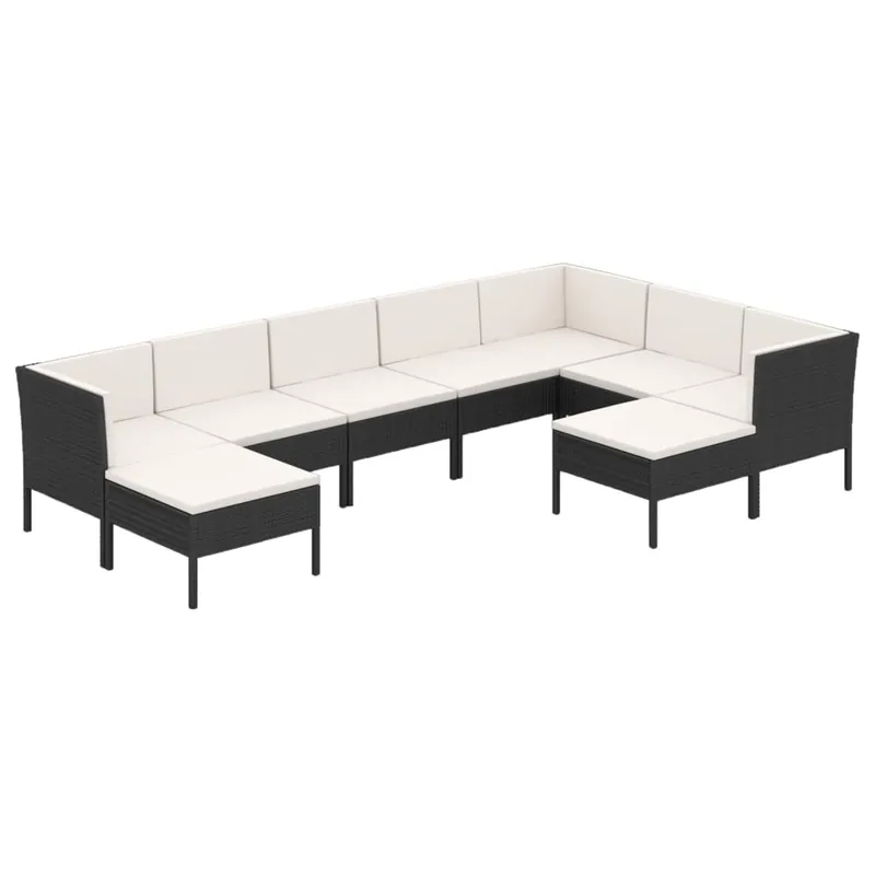 Set muebles de jardín 9 pzas y cojines ratán sintético negro