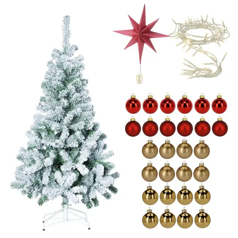 Well Home Set Navideño de Árbol nevado de 150cm con Estrella de papel 30cm + Guirnalda de 80 LED y 38 Bolas decorativas rojas y doradas - Decoración