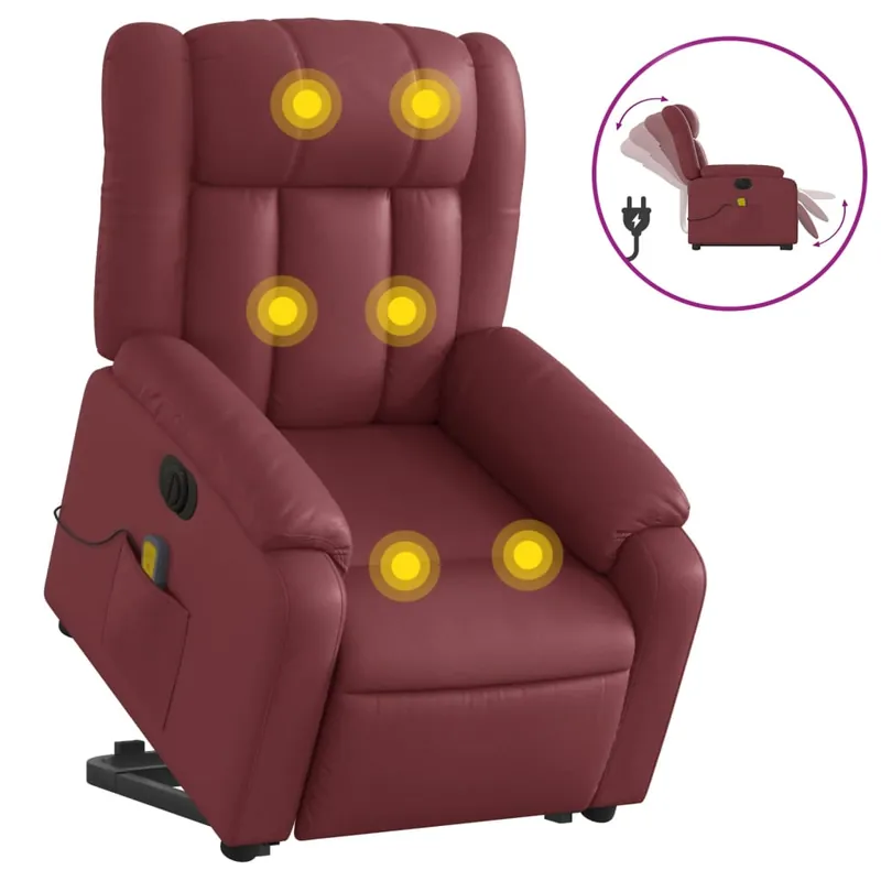 vidaXL Sillón de masaje elevable eléctrico cuero artificial rojo tinto - Sofás sillones puffs
