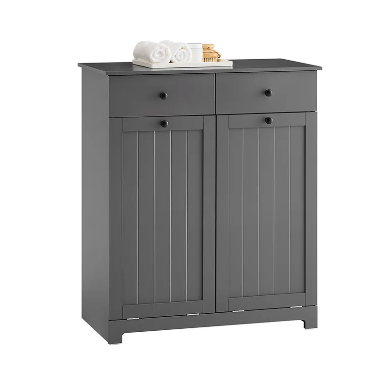 SoBuy Mueble de baño con cesto para la ropa, armario con espejo y 2 cajones, gris, 78 x 38 x 90 cm, BZR33-II-DG