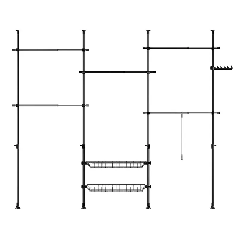 SoBuy Perchero telescópico resistente - Armario abierto ajustable con barras y estantes, Perchero para dormitorio, Negro, KLS04-II-SCH