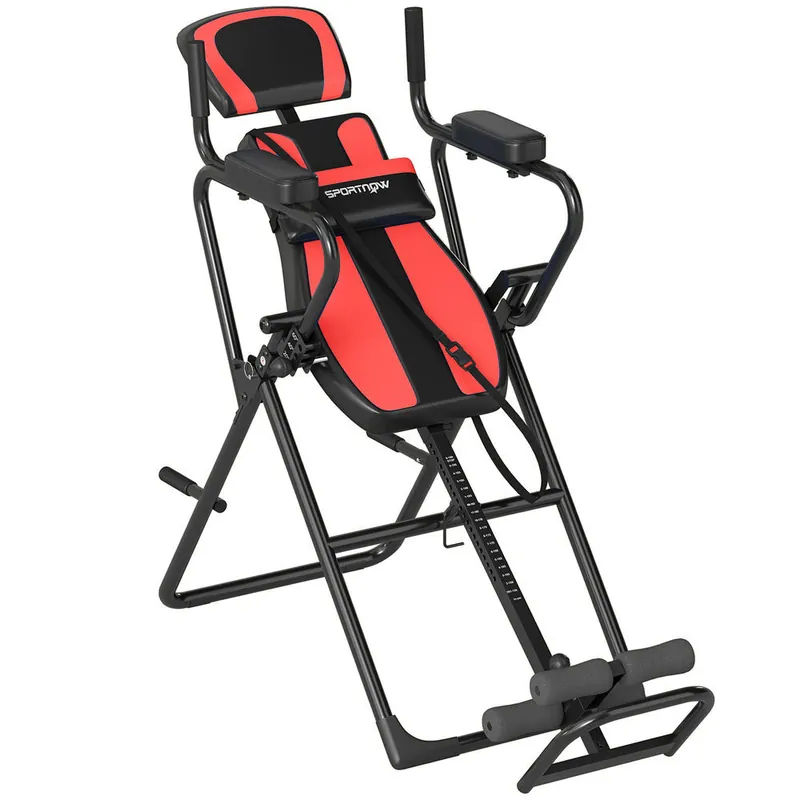 SPORTNOW Tabla de Inversión Plegable 3 en 1 con Dominadas y Flexiones Reposacabezas Altura Ajustable 155-198 cm Ángulos 20° 40° 60° Banco de Inversión con Soporte Lumbar Tobillo Bloqueo Cinturón Rojo