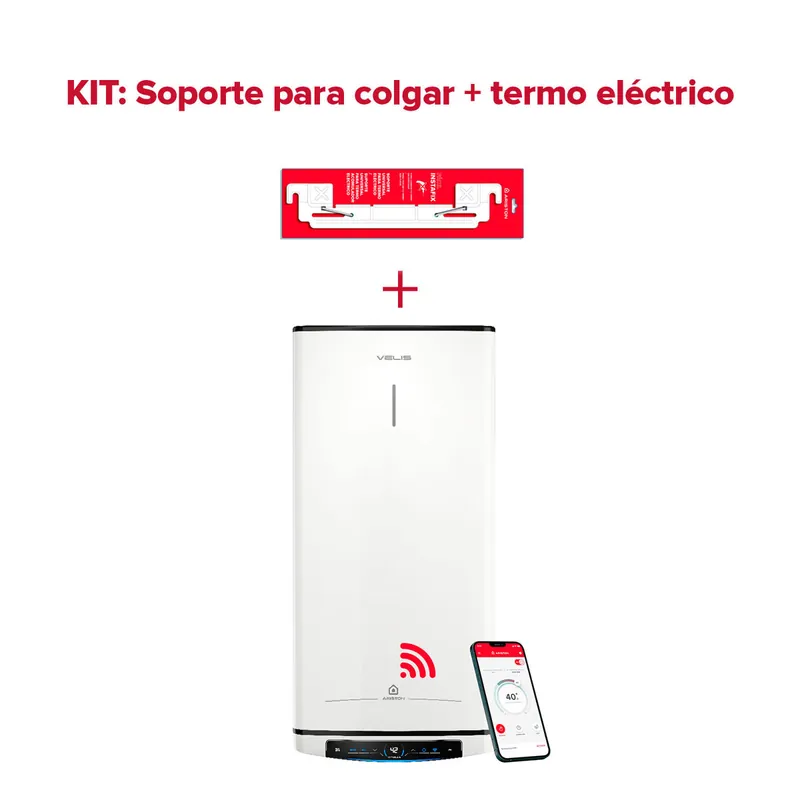 Termo eléctrico inteligente, Ariston, Velis Pro Wifi 50L + Sorpote de pared Instafix, Vertical u Horizontal, Clase Energetica B - Electrodomésticos