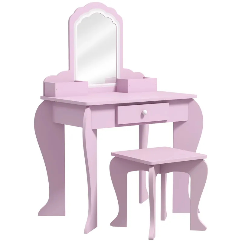 ZONEKIZ Tocador Infantil para Niñas y Niños de +3 Años Mesa de Maquillaje con Taburete y Espejo Tocador para Niñas con Cajón y Cajas de Almacenaje Forma de Nube Rosa - Muebles