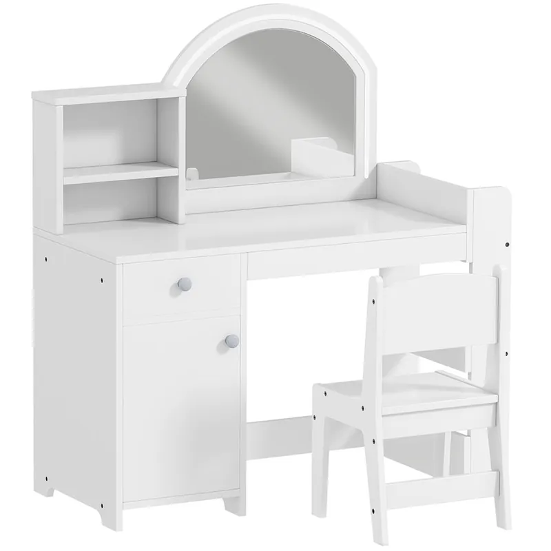 AIYAPLAY Tocador de Maquillaje Niña, Tocador Infantil con Taburete y Espejo con Luces LED, 1 Cajón, Armario y 5 Estantes, para Niños de 3 a 8 Años, Blanco - Muebles