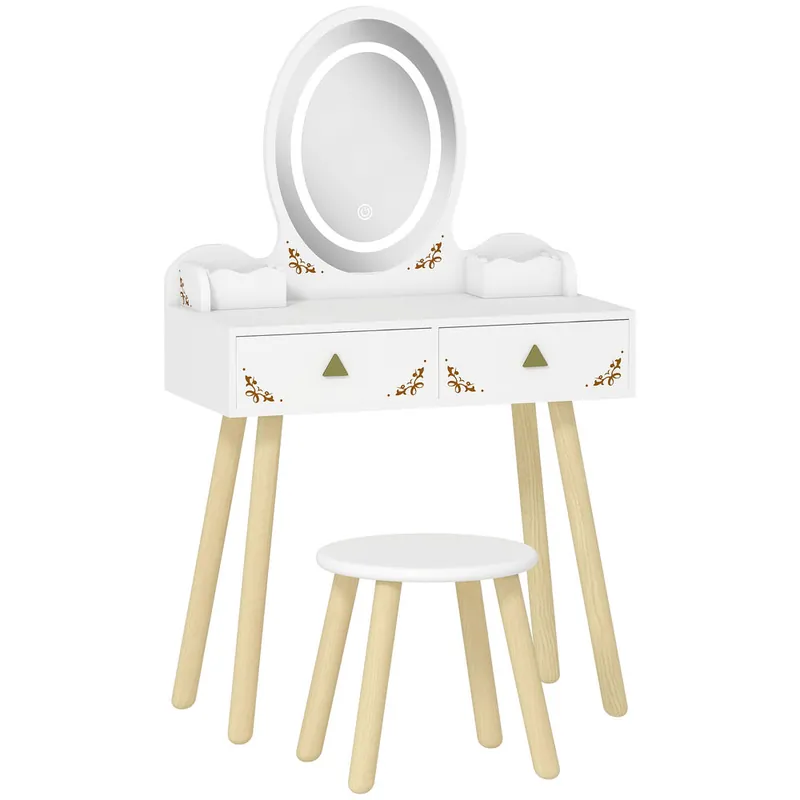 AIYAPLAY Tocador de Maquillaje Niña con Luces LED de 3 Colores, 2 en 1, Escritorio, Tocador Infantil con Taburete, Espejo, 2 Cajones, 2 Cajas de Almacenaje, para Niños +3 Años, Blanco - Muebles