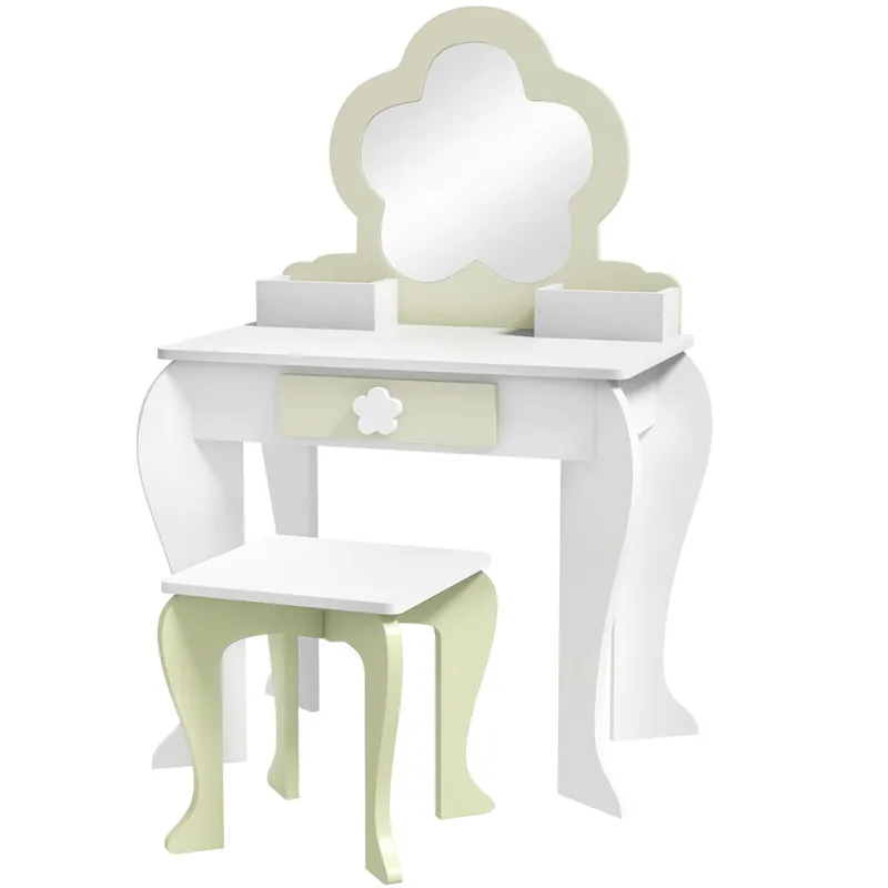 ZONEKIZ Tocador para Niñas con Espejo y Taburete Tocador de Maquillaje para Niñas de 3-6 Años con 2 Cajas y 1 Cajón 55x34x87,5 cm Blanco y Verde Pastel