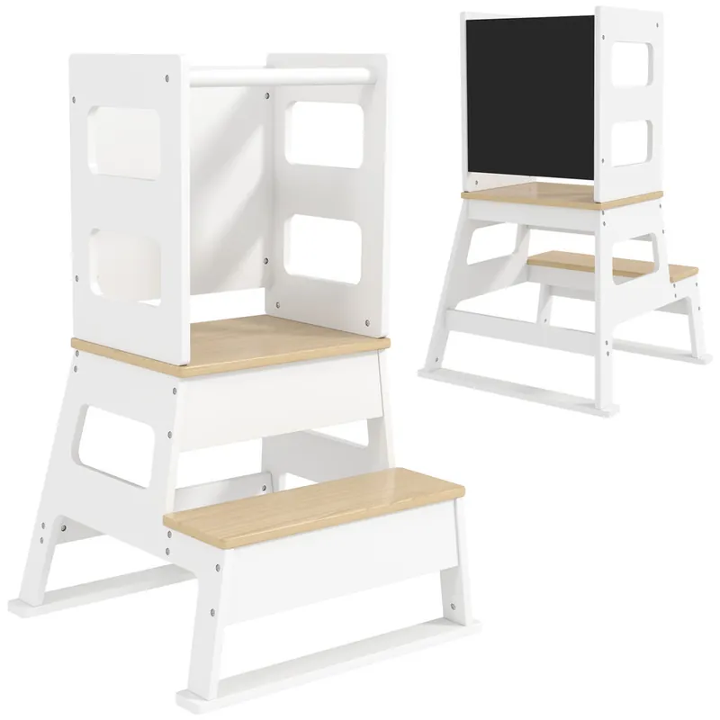 AIYAPLAY Torre de Aprendizaje 2 en 1 Taburete de Aprendizaje para Niños de 3-6 Años con Pizarra y Barrera de Seguridad para Baño Cocina 55x52,5x87,5 cm Blanco