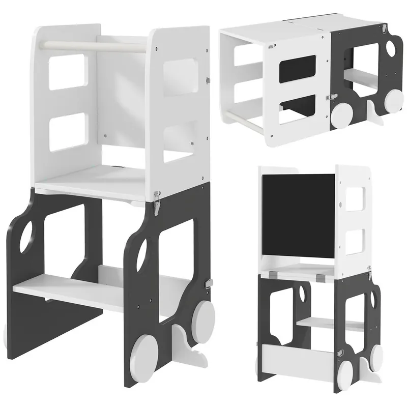 AIYAPLAY Torre de Aprendizaje Montessori 4 en 1 Taburete de Aprendizaje para Niños de +3 Años Convertible en Mesa y Silla con Pizarra de Doble Cara Barra de Seguridad 58x46x92 cm Blanco y Gris - Muebles