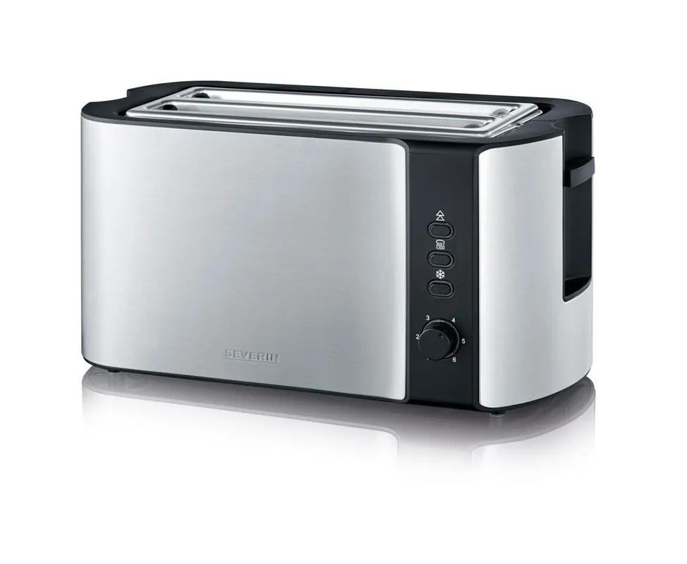 SEVERIN - Tostadora doble de ranura larga para 4 rebanadas, panecillos y bollería, tostador de pan con recogemigas, 6 niveles de tostado, acero inoxidable cepillado, 1400 W, AT 2590