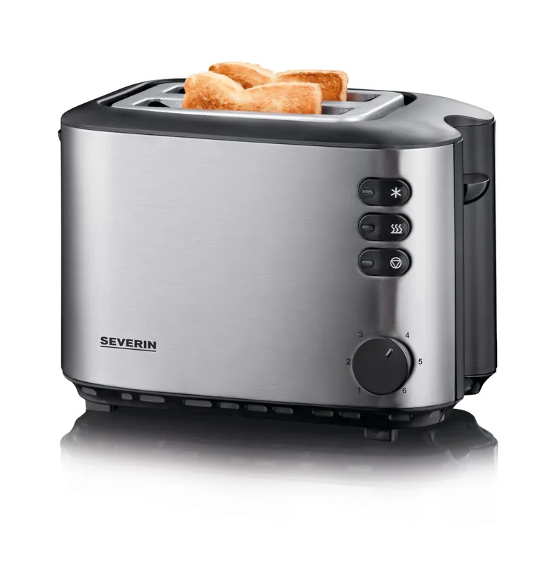 SEVERIN - Tostadora automática, Incluye Soporte para Tostar Panecillos, 2 Ranuras Cortas, 850 W, Acero Inoxidable/Negro AT 2514