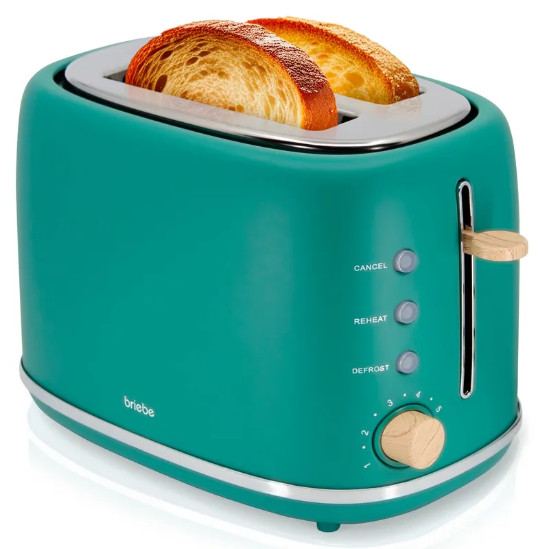 Briebe TA1166GRE Nordic Tostadora Pan Ranura Ancha, Tostador 2 Rebanadas, 6 Niveles Tostado, Calientapanecillos, 870, Verde - Electrodomésticos