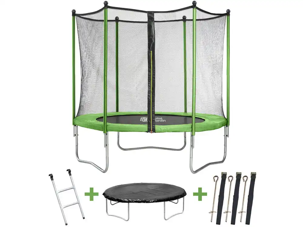 Trampolin Yoopi - Ø 1.8 m - con red + escalera + cubierta de protección + kit de anclaje - Acero / Polipropileno