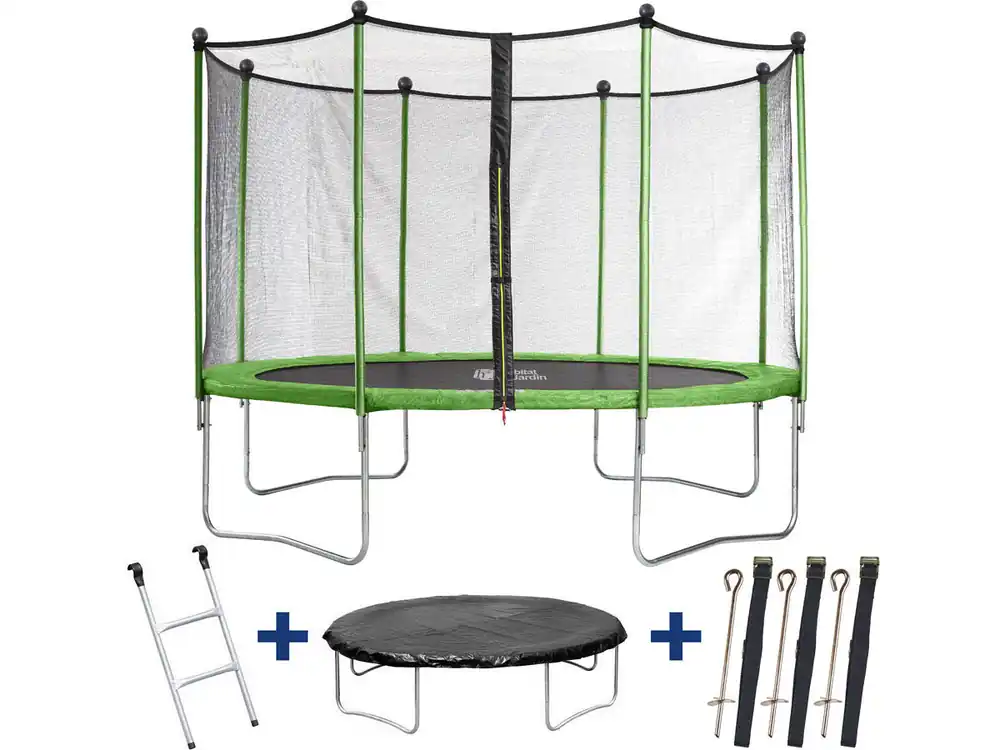 Trampolin / Cama elástica "Yoopi"- Dia. 4.25 m - con red + escalera + cubierta de protección - Color verde