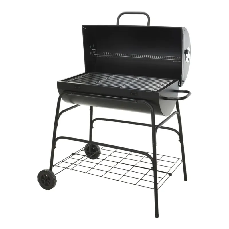 Well Home Barbacoa de cilindro con ruedas, color negro y parrilla de cocción chapada H.97cm - Jardín