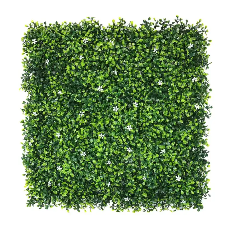 Well Home Jardín Vertical Artificial, Panel de Seto 100x100cm, Para decoración interior y exterior - con Hojas verdes y Flores blancas