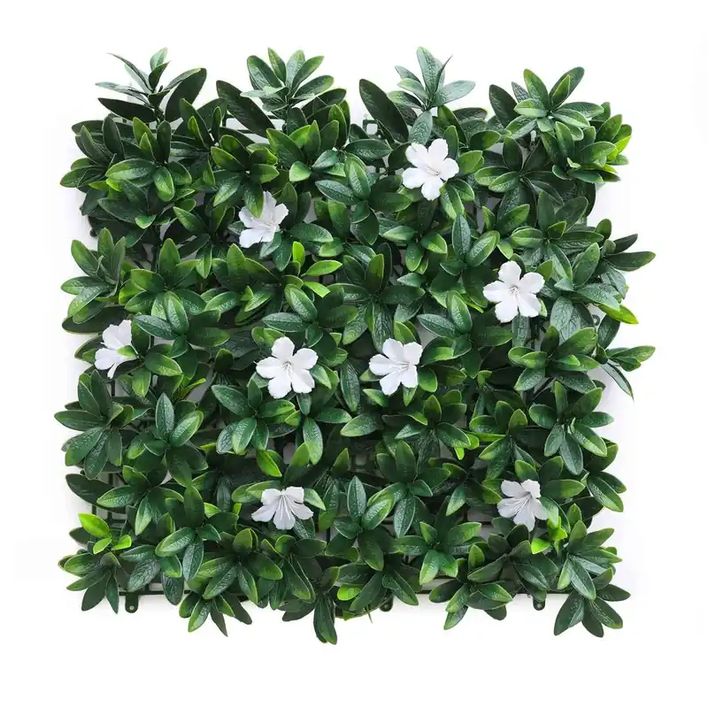 Well Home Jardín Vertical Artificial, Panel de Seto 100x100cm, Para decoración interior y exterior - De hojas Verdes y flores blancas