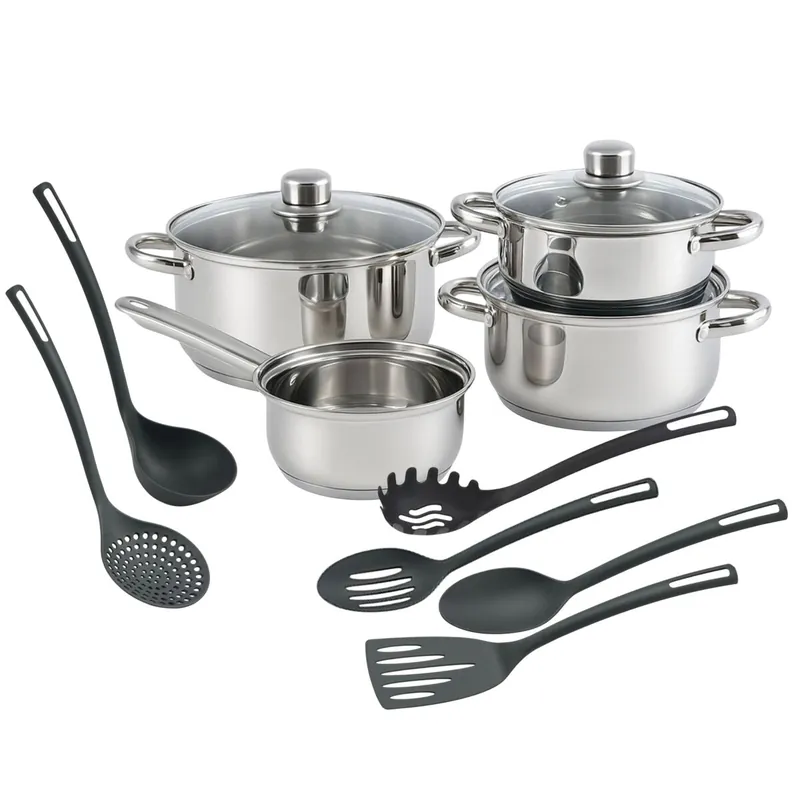 Well Home Juego de Batería de cocina de 7Pc en acero inoxidable + 6 Utensilios básicos de cocina en PBT negro