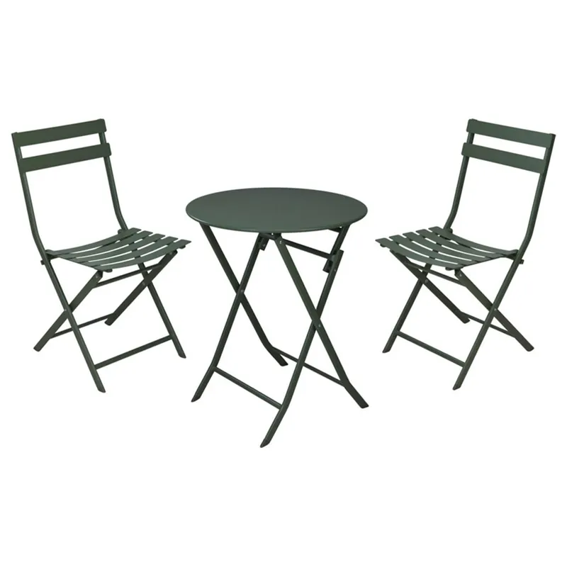 Well Home Set bistro plegable de 3 piezas (mesa Ø60cm + 2 sillas) en acero y verde mate, compacto para balcón - Jardín