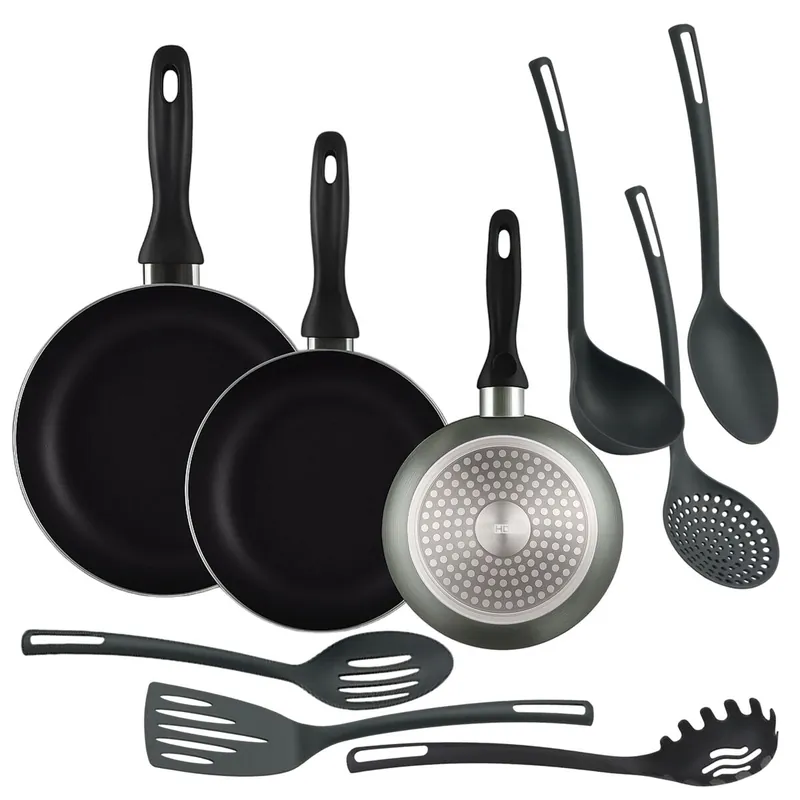 Well Home Set de 3 Sartenes Ø16Ø20Ø24cm de Aluminio en Gris metalizado + 6 Utensilios de cocina en PBT color Negro