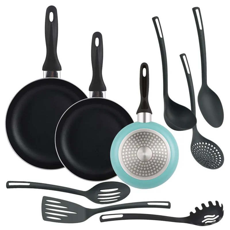 Well Home Set de 3 Sartenes Ø16Ø20Ø24cm de Aluminio en Azul mate + 6 Utensilios de cocina en PBT color Negro