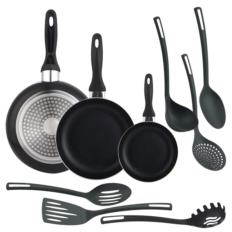 Well Home Set de 3 Sartenes Ø16Ø20Ø24cm de Aluminio en Negro + 6 Utensilios de cocina en PBT color Negro