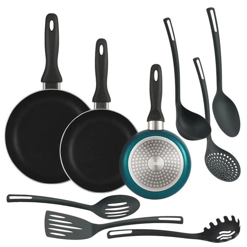 Well Home Set de 3 Sartenes Ø16Ø20Ø24cm de Aluminio en Azul metalizado + 6 Utensilios de cocina en PBT color Negro