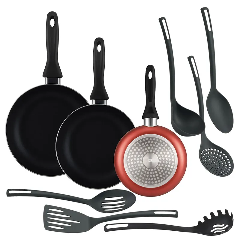 Well Home Set de 3 Sartenes Ø16Ø20Ø24cm de Aluminio en Cobre metalizado + 6 Utensilios de cocina en PBT color Negro