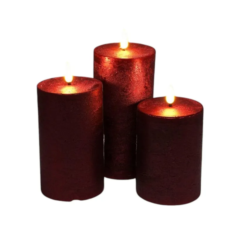 Well Home Set de 3 Velas LED en color Rojo de superficie rústica - Decoración