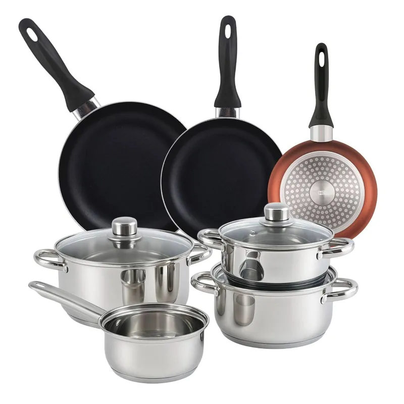 Well Home Set de Batería de cocina de 7pc en acero inoxidable + 3 Sartenes Ø16Ø20Ø24cm Cobre metalizado en Aluminio