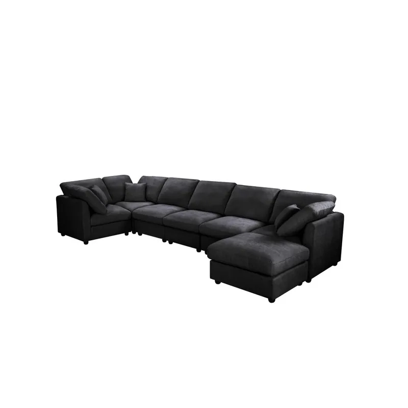 YHL Voyura 2213 Sofá en chenilla moderno con cojines - capacidad para 6 personas - brazos cuadrados - Negro