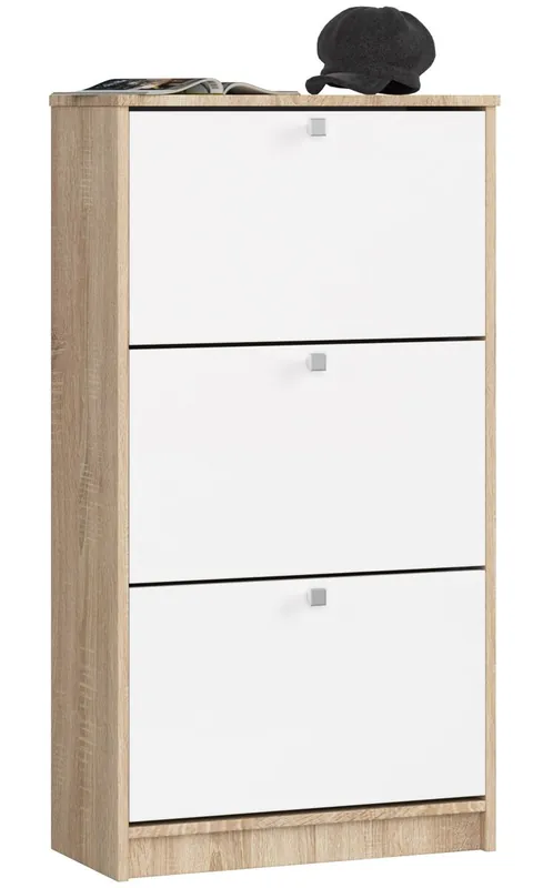 Zapatero con 3 compartimentos AKORD Roble Sonoma 60 cm 3 puertas basculantes Blanco 60x28,5x113 cm - Muebles