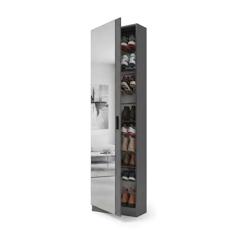 Zapatero alto de 1 puerta con espejo en blanco brillo 180x50 cm Roma - Muebles
