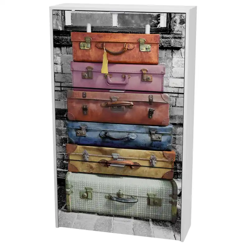Zapatero Suitcase 3 Puertas Con Impresión Y Color Blanco Pasillo Entrada Estilo Moderno 117x60x24 cm - Muebles