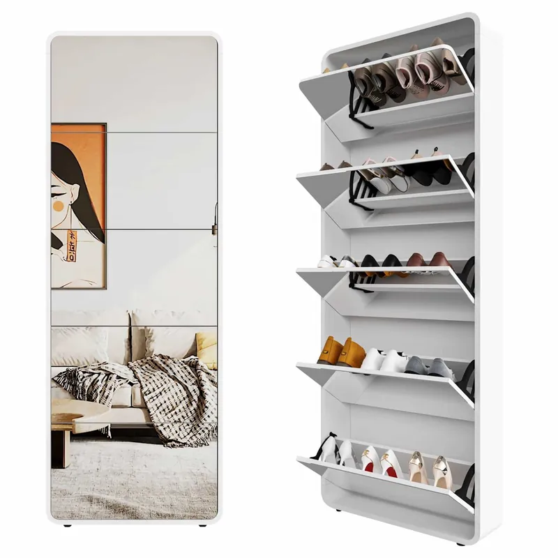 Zapatero con espejo 5 compartimentos - diseño curvo, organizador inclinable - blanco