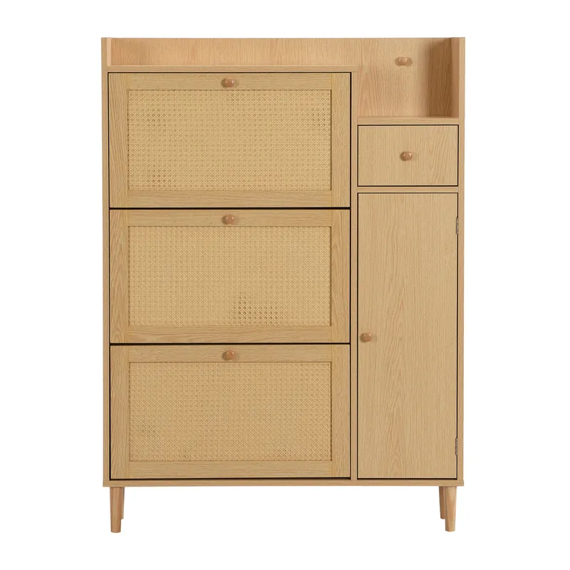 Zapatero de madera y ratán - 3 puertas abatibles y 1 cajón - balda regulable - Natural