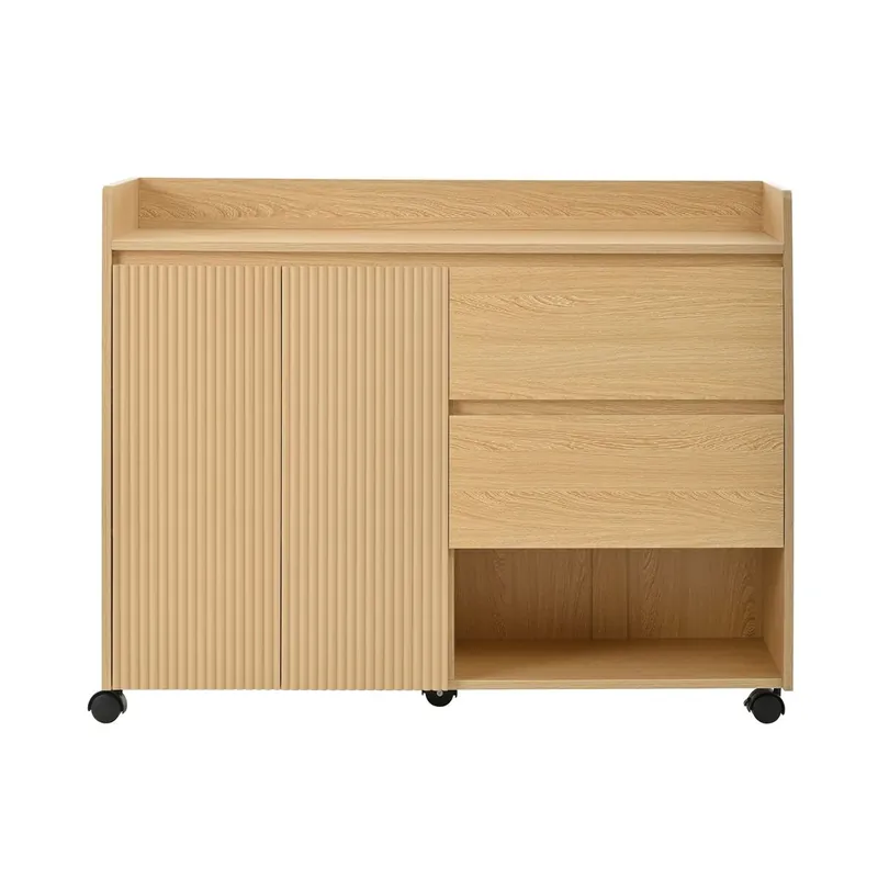 Zapatero móvil 110x35x86 cm - Con ruedas universales con freno, estantes ajustables, bisagra amortiguada - Natural