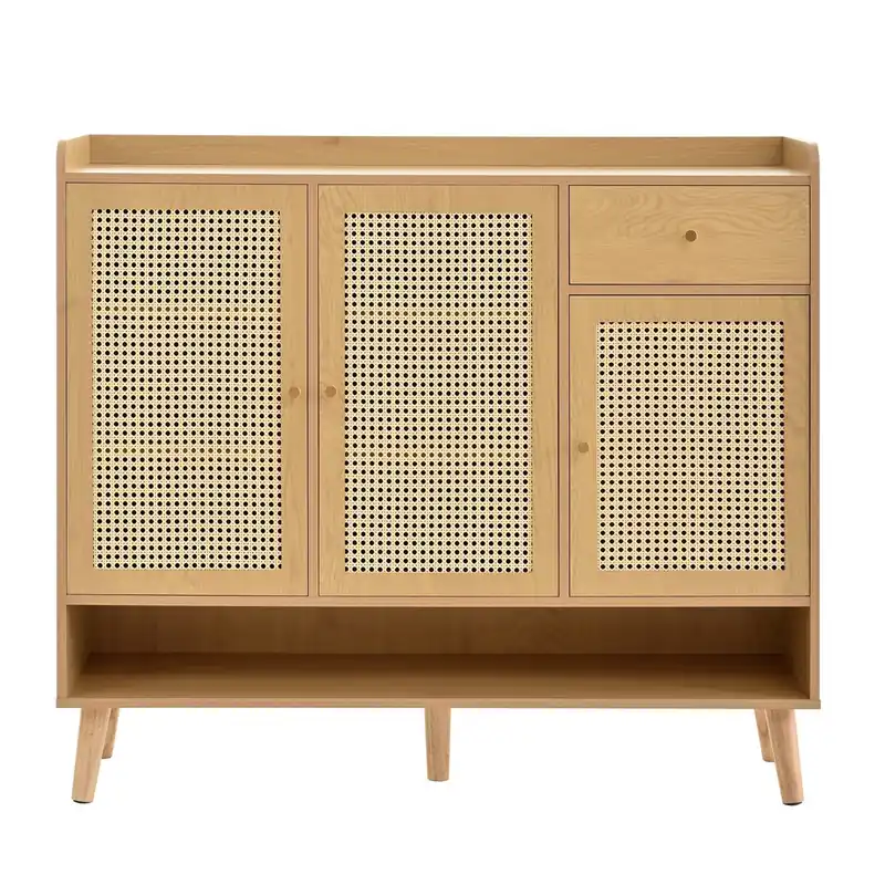 Zapatero de Ratan Natural 120x106x35 cm - 3 puertas, 1 cajón, 5 estantes, madera maciza