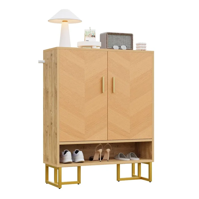 Zapatero 2 puertas - Diseño moderno minimalista, madera única, marco dorado - Natural
