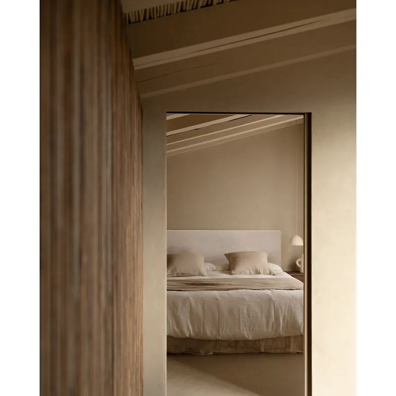 Cabecero tapizado de poliester liso en color beige de 90x80cm - Dormitorio